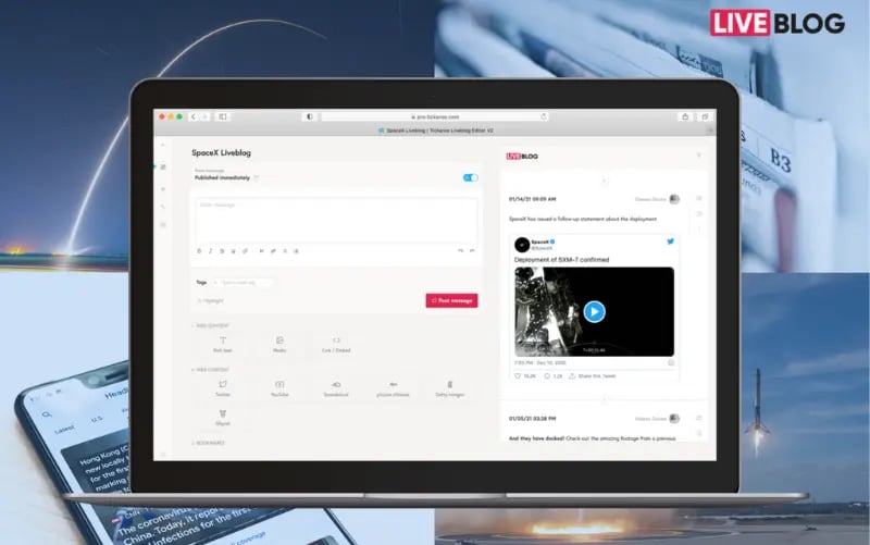 An open laptop displays Tickaroo Live Blog's new editor 2.0. With it's sleek new design and more features liveblogging has become easier than ever.
